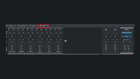 Lautstärke, Stereopanorama und Effekte im Mixer einstellen