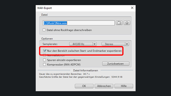 Exportdialog mit Option zum Exportieren des Abspielbereiches