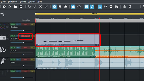 "MIDI REC"-Button und Pianoaufnahme Aufgenommenes Material in der Arrangerspur