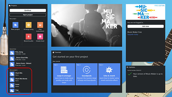 Program interface with start dialog Open program and load demo project