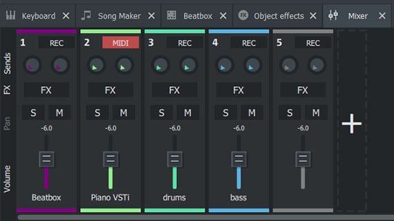 Virtual mixer with track effects and mastering