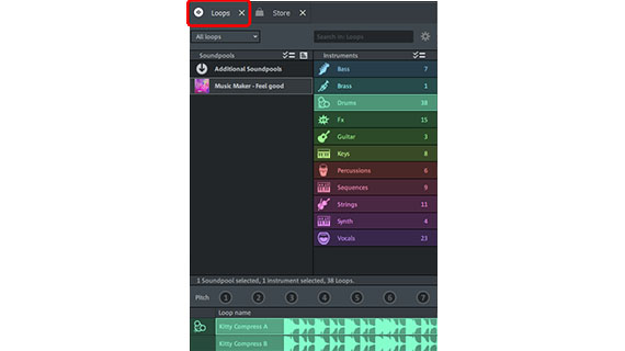 Media Pool in the "Loops" view Select soundpool loops in the Media Pool