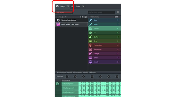 Media Pool in der Ansicht "Loops" Soundpool-Loops im Media Pool auswählen