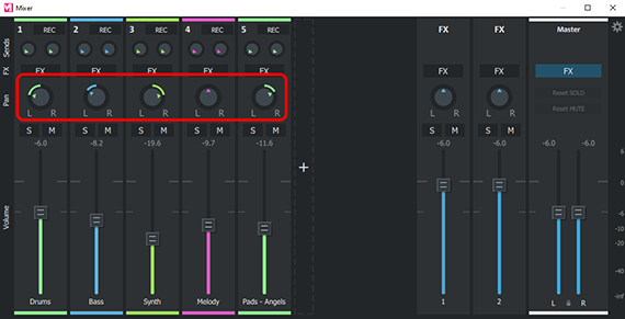 Screenshot of MUSIC MAKER - defining stereo position using the pan controls