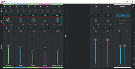 Screenshot MUSIC MAKER - Stereoposition definieren mit den Pan-Reglern