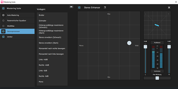 Screenshot MUSIC MAKER Interface Audiomodul "Mastering Suite" mit Stereo Enhancer