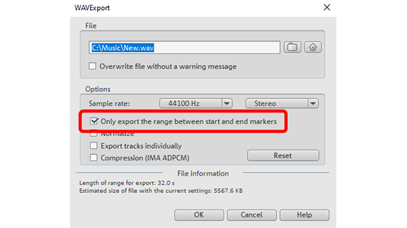 The export dialog with options for exporting the playback range