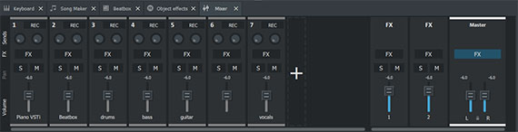 Adjust volume, stereo panorama and effects in the mixer