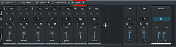 Lautstärke, Stereopanorama und Effekte im Mixer einstellen