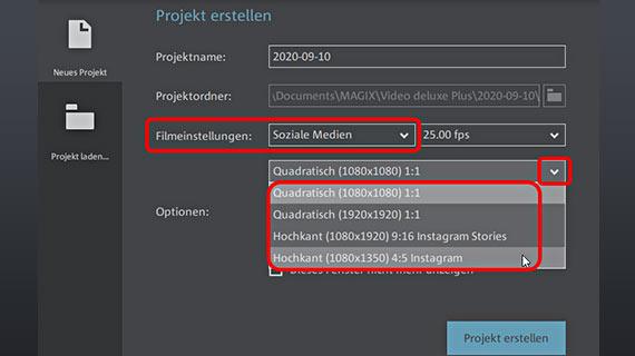 Videoprojekt für Instagram anlegen