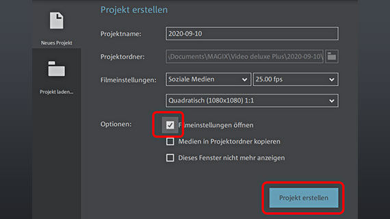 Startdialog für andere Social Media Videoprojekt für andere Social-Media-Plattformen anlegen