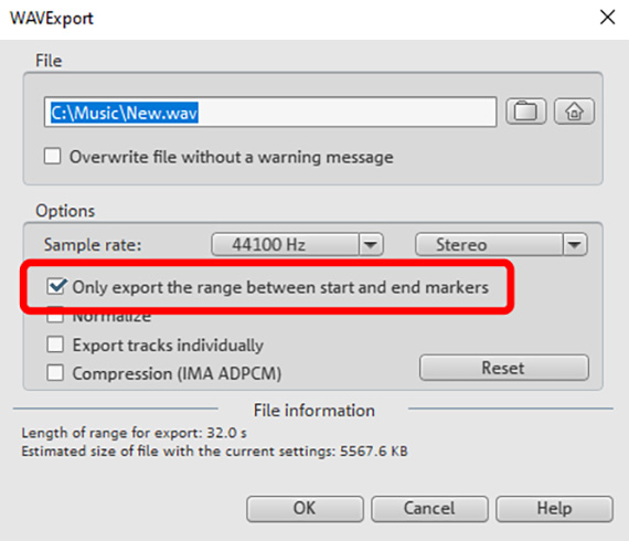 Export dialog with option to export the playback area