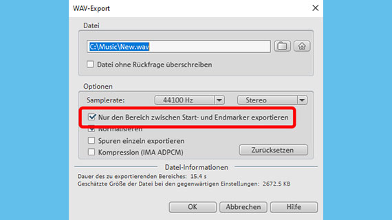 Abspielbereich über das Datei-Menü als WAV-Datei exportieren