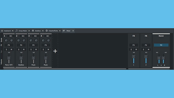 Mixer mit Effekten, Lautstärke-Fadern & Pan-Reglern Mischpult mit Spureffekten und Master-Effekten