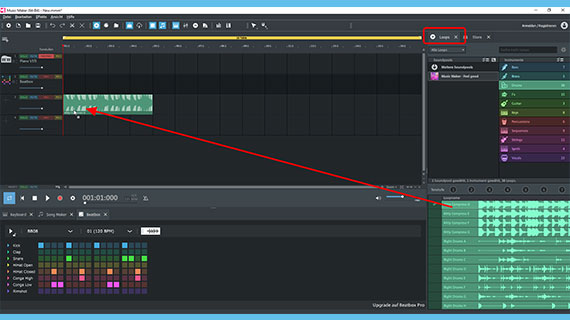 Loops per Drag & Drop auswählen Soundpool-Loops im Media Pool ins Arrangement ziehen