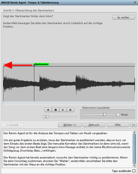 Remix Agent (Schritt 1): Startmarker versetzen Startmarker für die Beat-Analyse im Remix Agent setzen