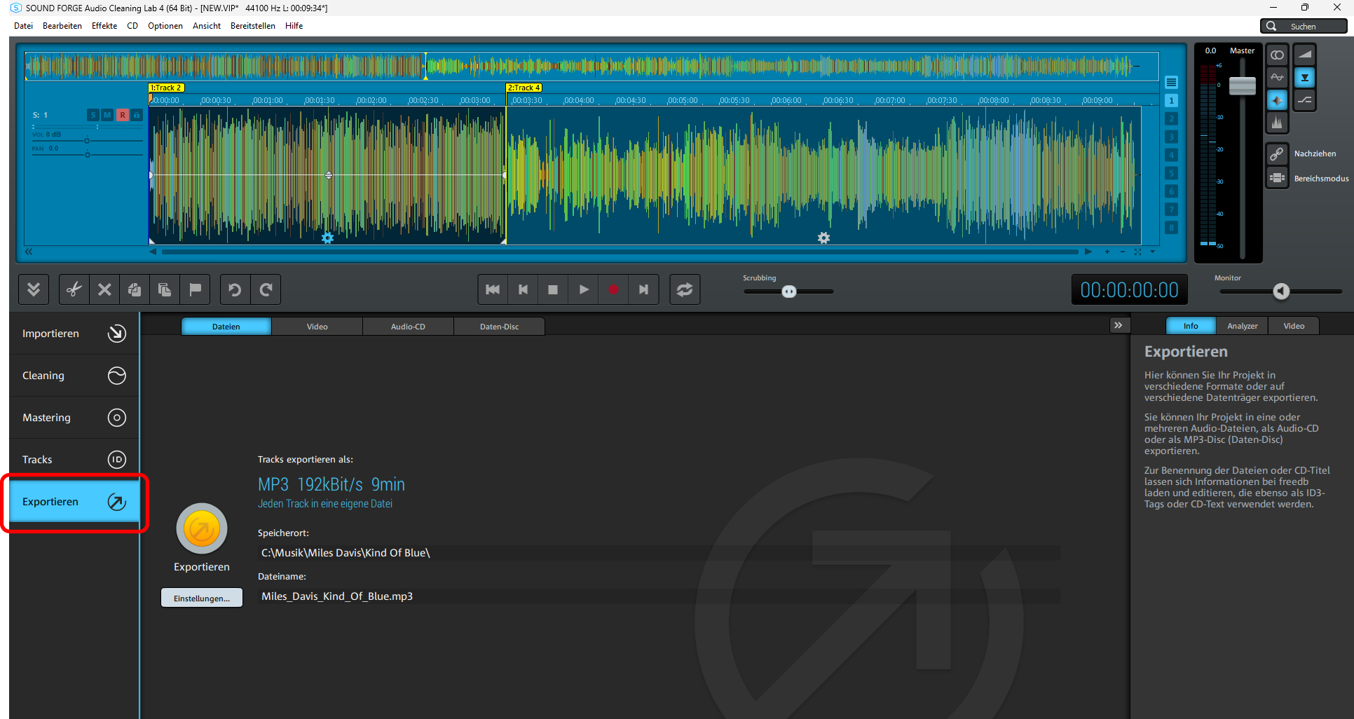Convert selected songs to MP3 The "Export" view