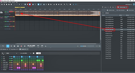 Dateimanager öffnen, MP3-Datei auf die Spur ziehen