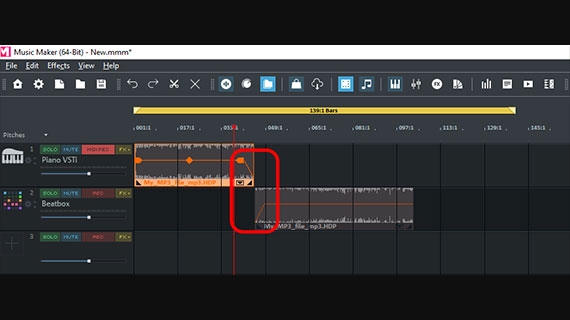 Crossfade MP3 files on two tracks with the fade handles