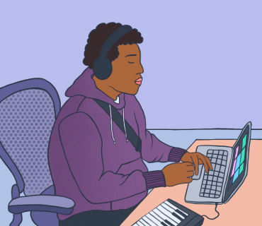 Comic style drawing of a man with headphones in a purple hoodie sitting in front of a laptop