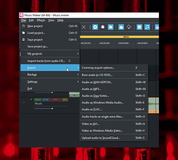  Export the playback area as a WAV file via the file menu