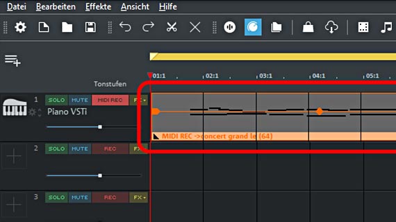 MIDI-Aufnahme in der Spur Aufgenommene MIDI-Noten