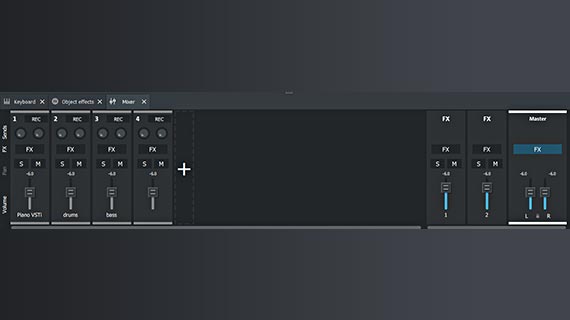 Virtual mixer with track effects and mastering