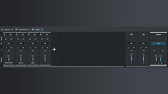 Virtual mixer with track effects and mastering