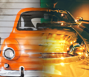 Vários efeitos de vídeo exibidos num carro de cor laranja, por exemplo