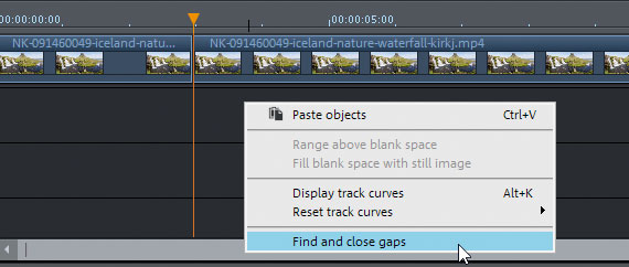 Context menu option "Close gaps" to move all cut video objects next to one another