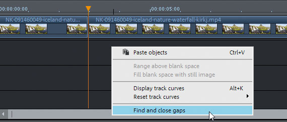 Opção do menu de contexto "Fechar lacunas" para mover todos os vídeos cortados juntos