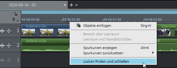 Nach dem Videoschnitt: Lücken schließen Kontextmenüoption "Lücken schließen", um alle geschnittenen Videos aneinander zu rücken