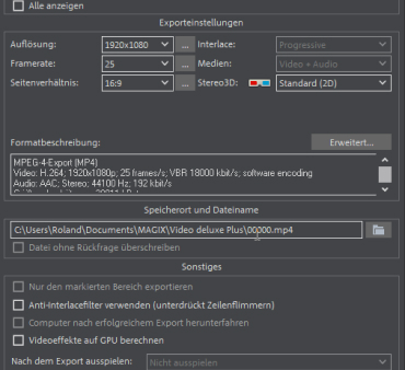 Video deluxe - erweiterte Einstellungen