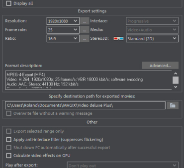 Movie Studio – advanced settings