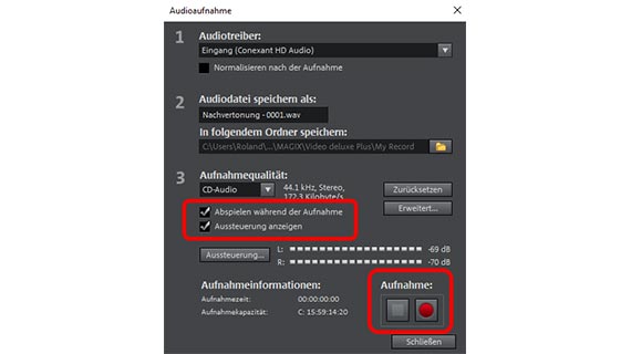 Tonspur bearbeiten: Aufnahme-Einstelllungen Tonspur bearbeiten: Dialog "Audioaufnahme"
