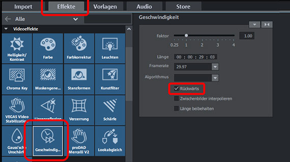 Video rückwärts abspielen Effektdialog "Geschwindigkeit"