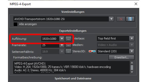 Exportdialog: Videoauflösung ändern Videoauflösung verbessern