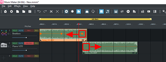 Fade objects on two tracks with the fade handles