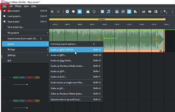 Formats for audio export in the File menu