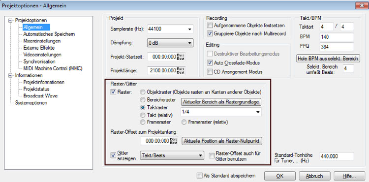Screenshot der Projektoptionen