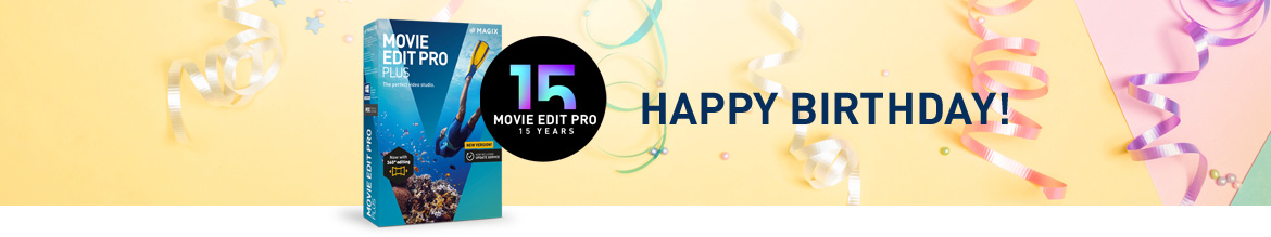 product box and logo to 15th birthday of Movie Edit Pro Produktbox Video Deluxe auf festlichem Banner