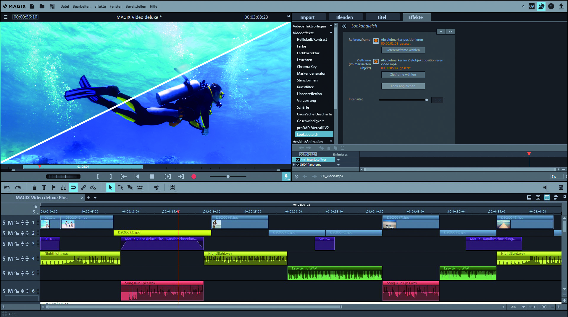 Video Effects tab with shot match option in MAGIX Movie Edit Pro